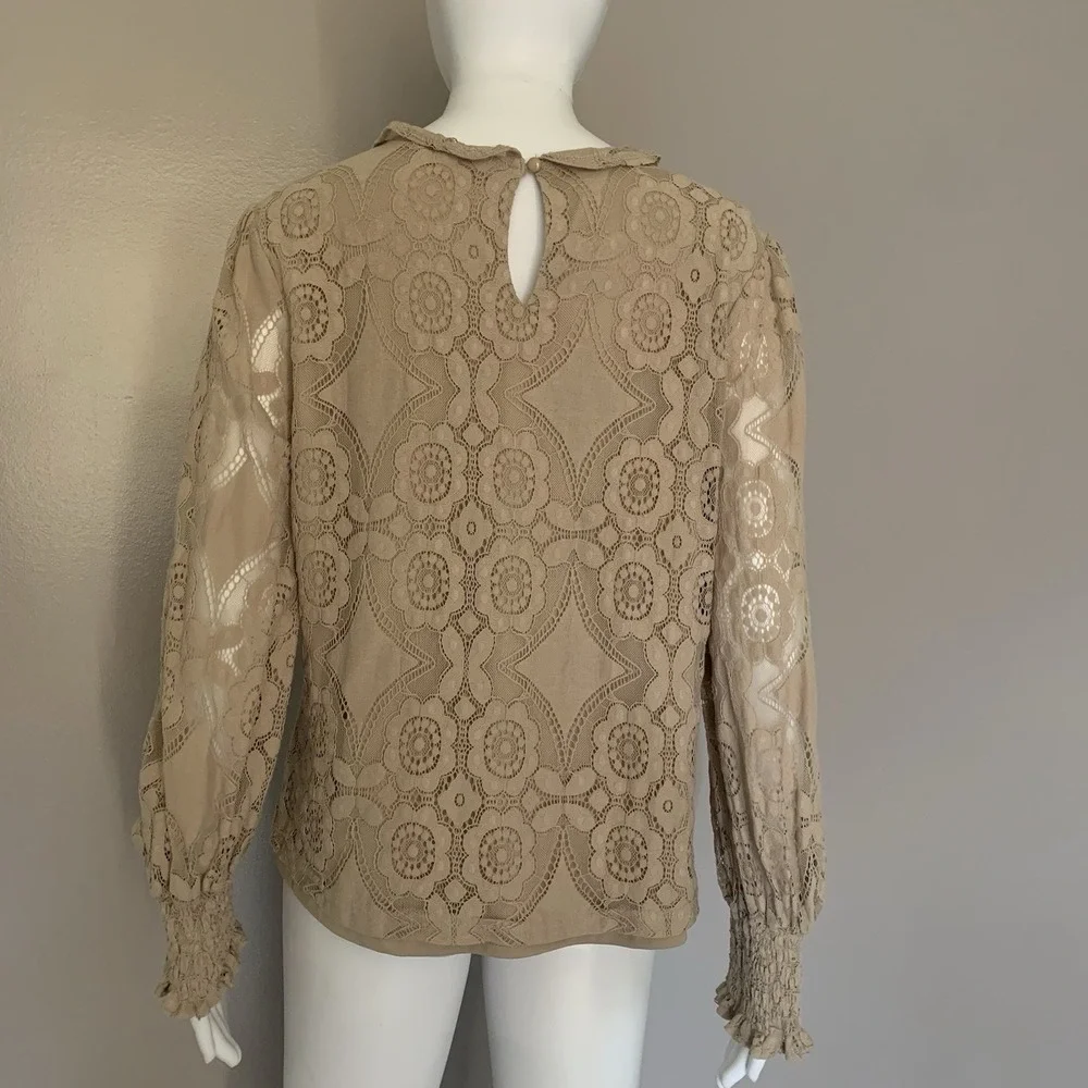 ULTRA PINK Cute Floral Lace Beige Top Smocked Long Sheer Sleeve Mock Blouse L